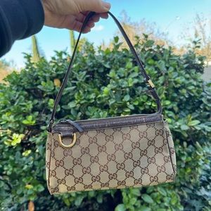 Authentic Gucci Monogram D-ring Pochette brown leather canvas